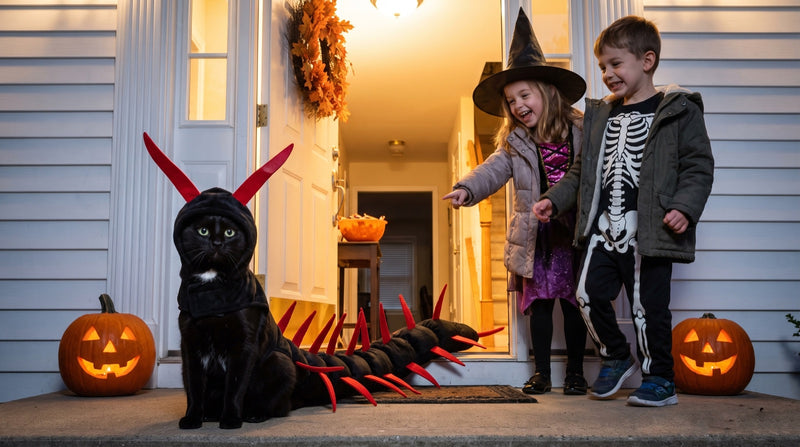 Trick-or-treaters at a front door reacting to the cat in the costume