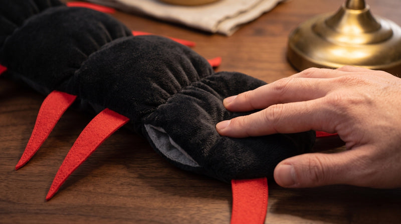 Hand pressing into the soft plush segments of the costume spine