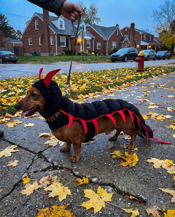 A dachshund wearing the centipede costume on a sidewalk at dusk