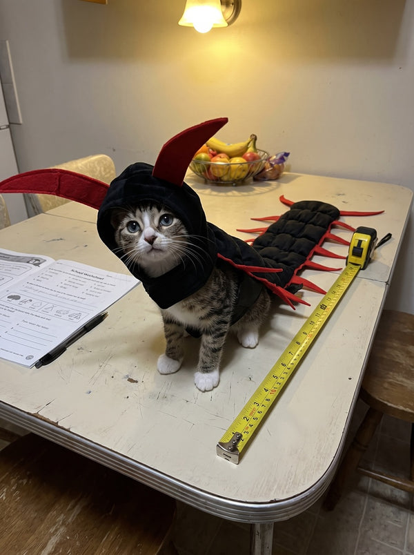 The costume laid flat on a table next to a tape measure showing its length