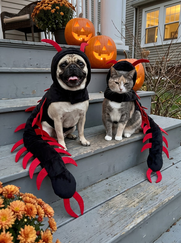 A cat and a small dog in matching centipede costumes on a porch step