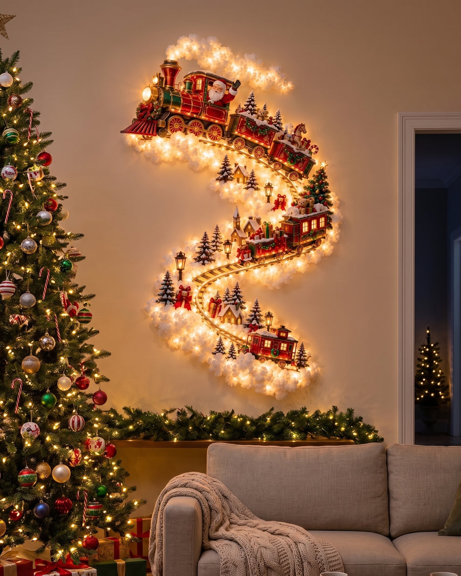 The glowing Santa train design lit up on a wall