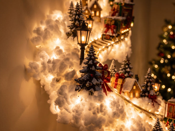 Close-up of the cotton snow trail with the warm lights inside it
