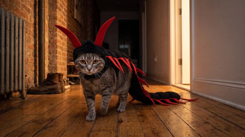 A black cat mid-stride in the centipede costume, the red legs caught in a wave