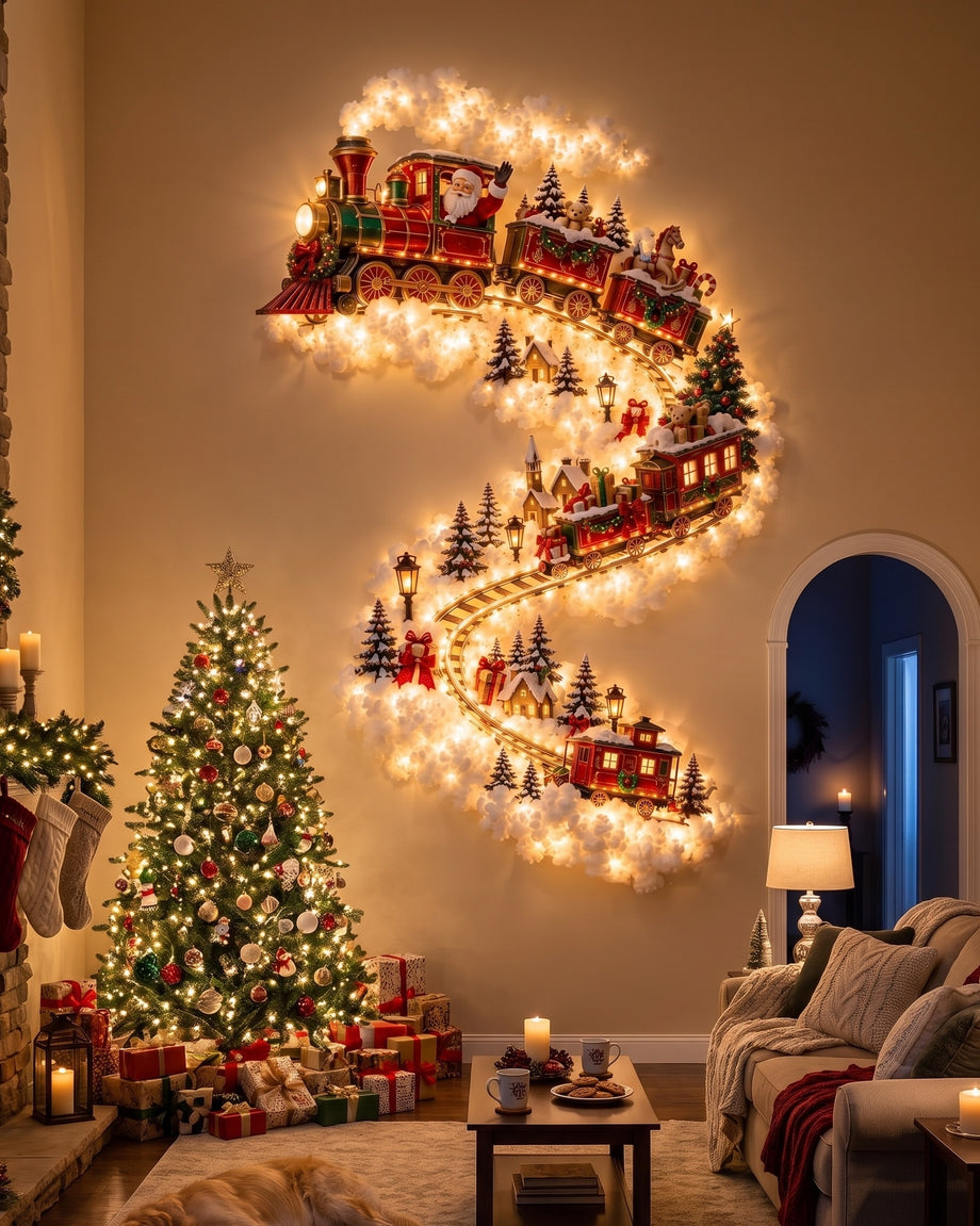 A glowing Santa train climbing a living room wall beside a decorated Christmas tree