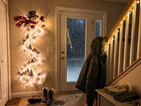Customer photo of the snowman design by a front door on a snowy evening